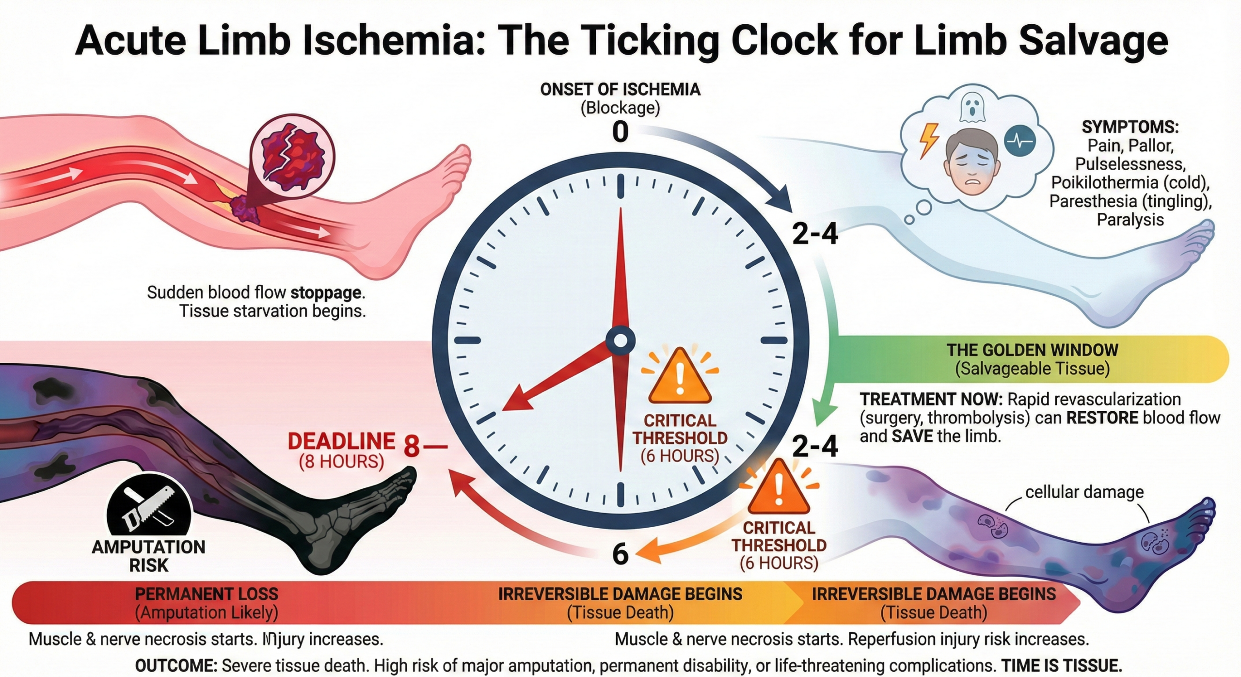 An infographic showing the progression from stopped blood flow to permanent damage and likely amputation