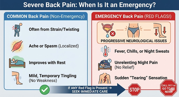 inforgraphic showing the differences between emergency and non-emergency when you're having back pain