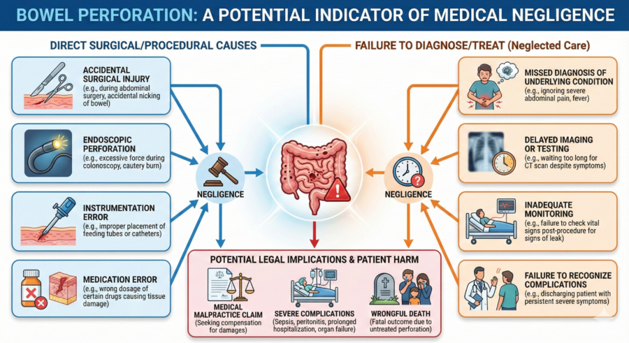 infographic showing cause and effect of medical negligence in cases of a perforated bowel