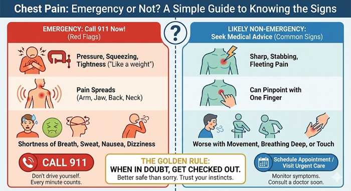 Infographic illustrates the difference between life-threatening chest pain and (likely) non-emergency chest pain