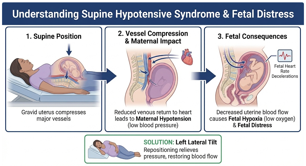 an infographic illustrating how supine hypotensive syndrome is caused and can lead to fetal distress