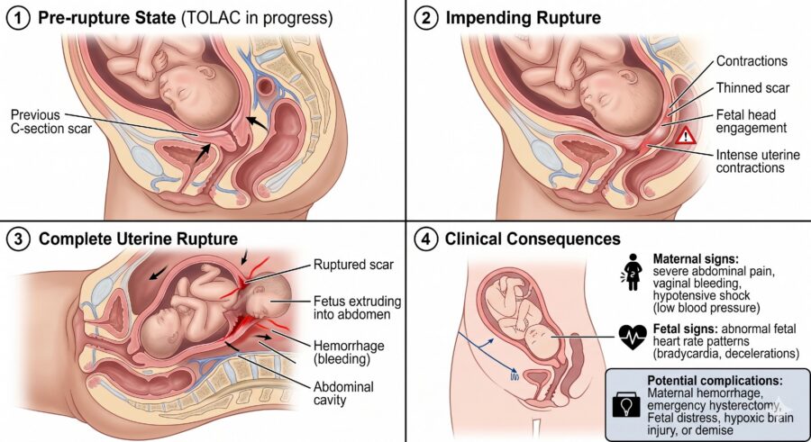 illustration showing the stages and the clinical consequences of TOLAC