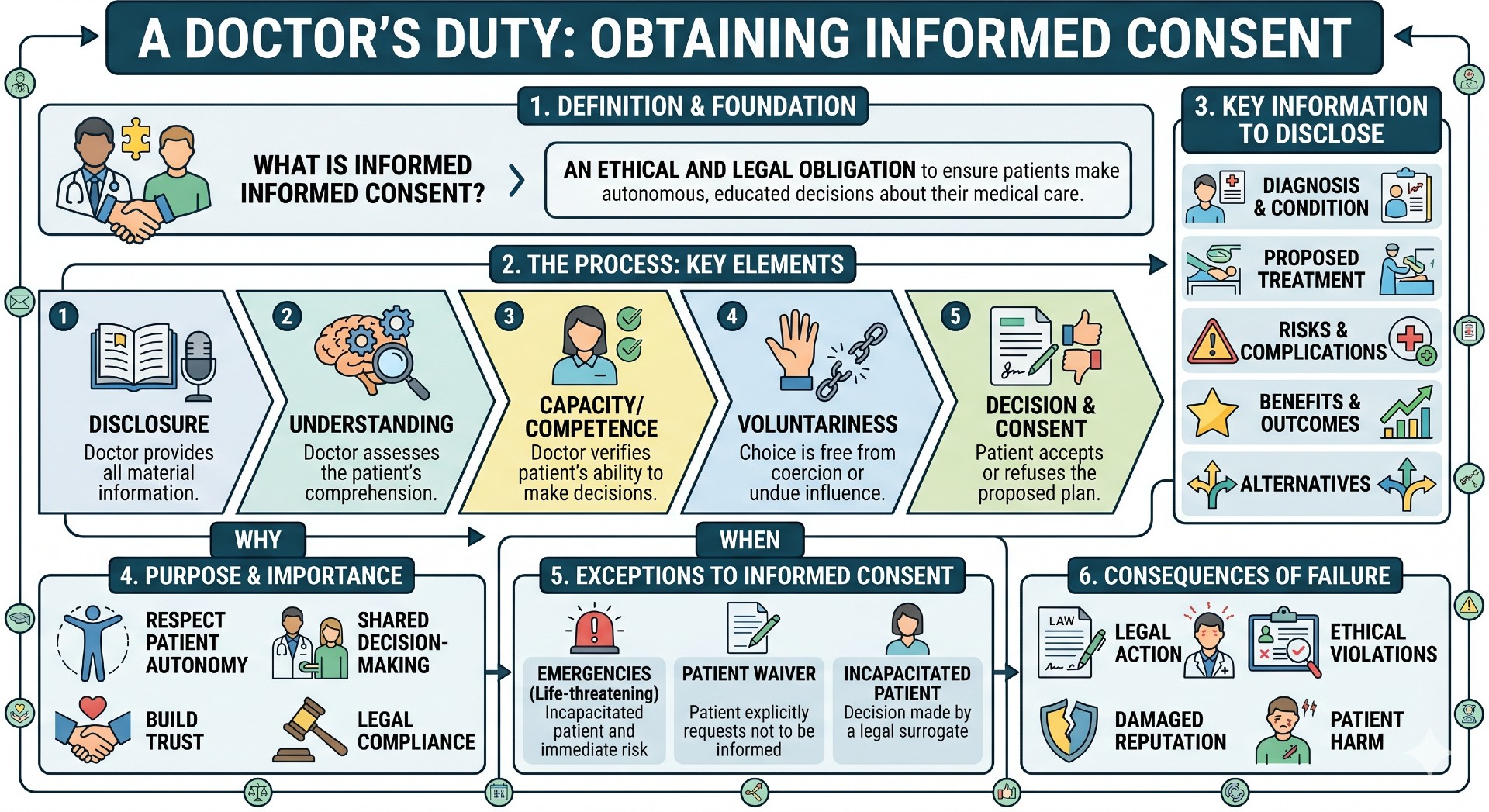 infographic describing the key elements, importance of, exceptions and consequences of failing to properly obtain informed consent